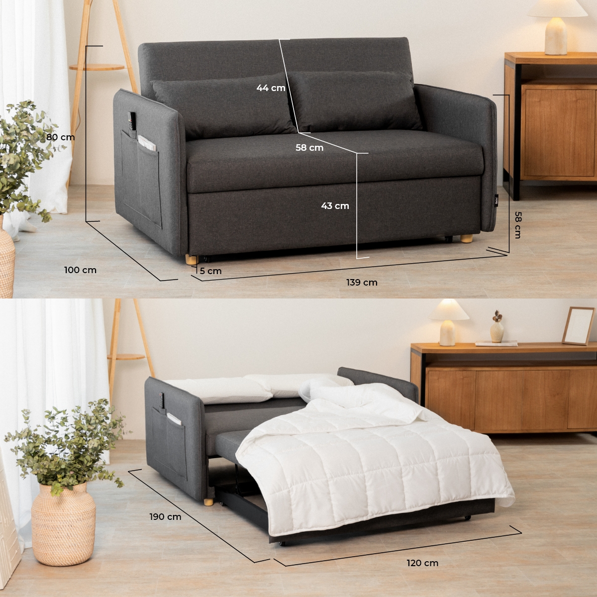 Sofá Cama 2 plazas Nalui Nest 2 Gris Oscuro