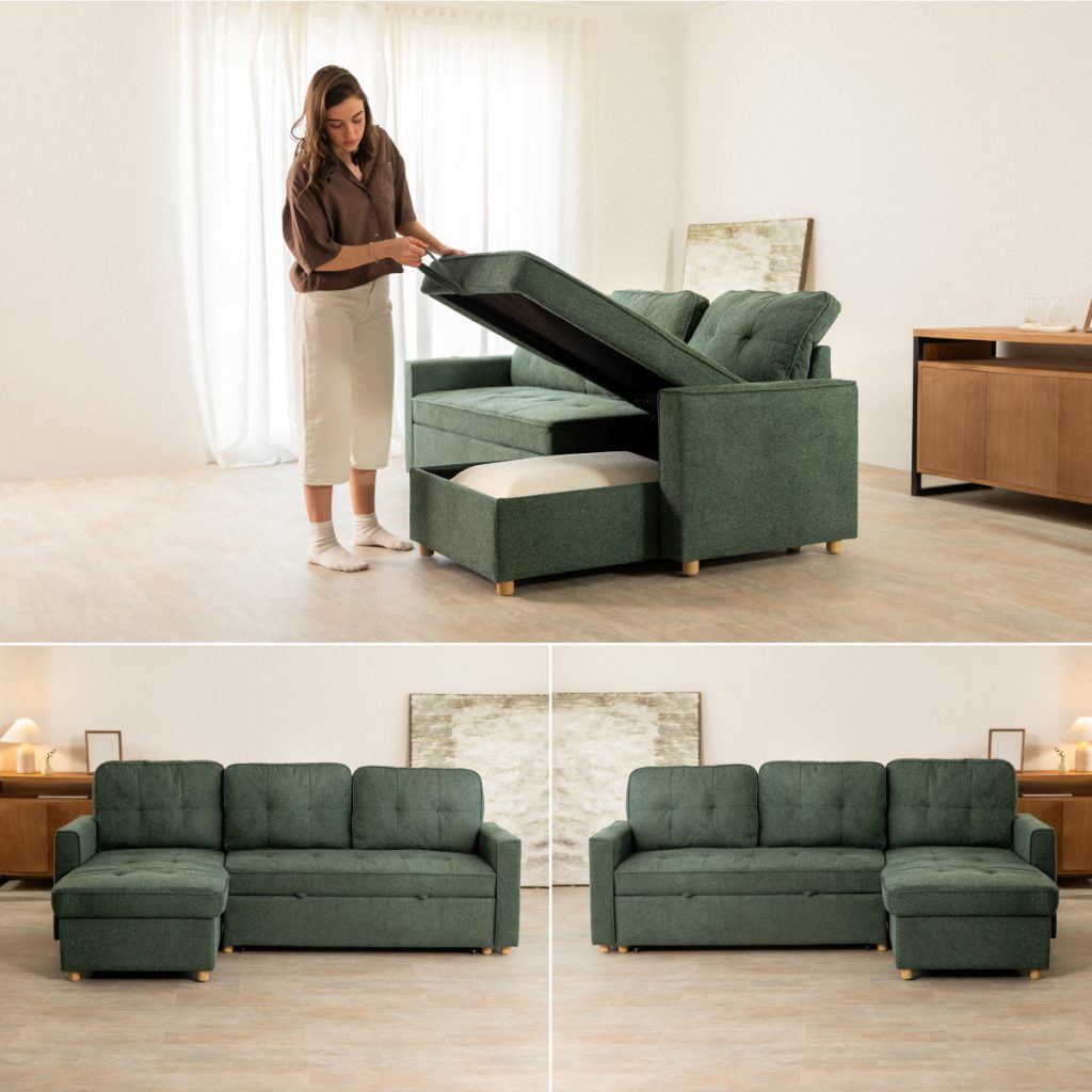 sofá cama 3 plazas chaiselongue Haven Verde oscuro