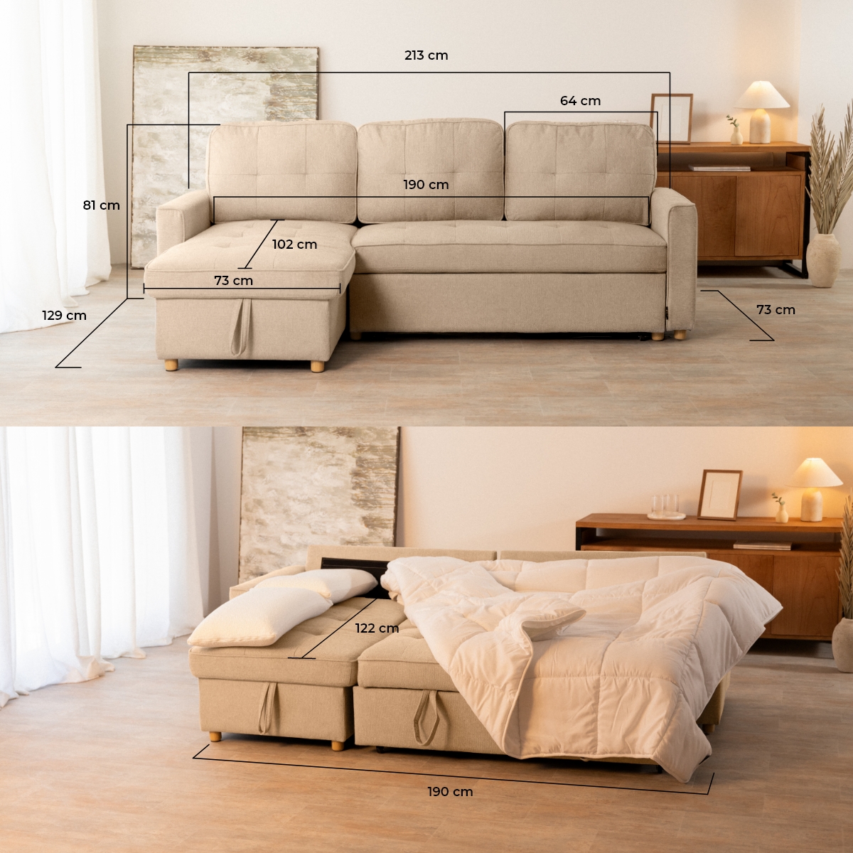 sofá cama 3 plazas chaiselongue Haven Beige