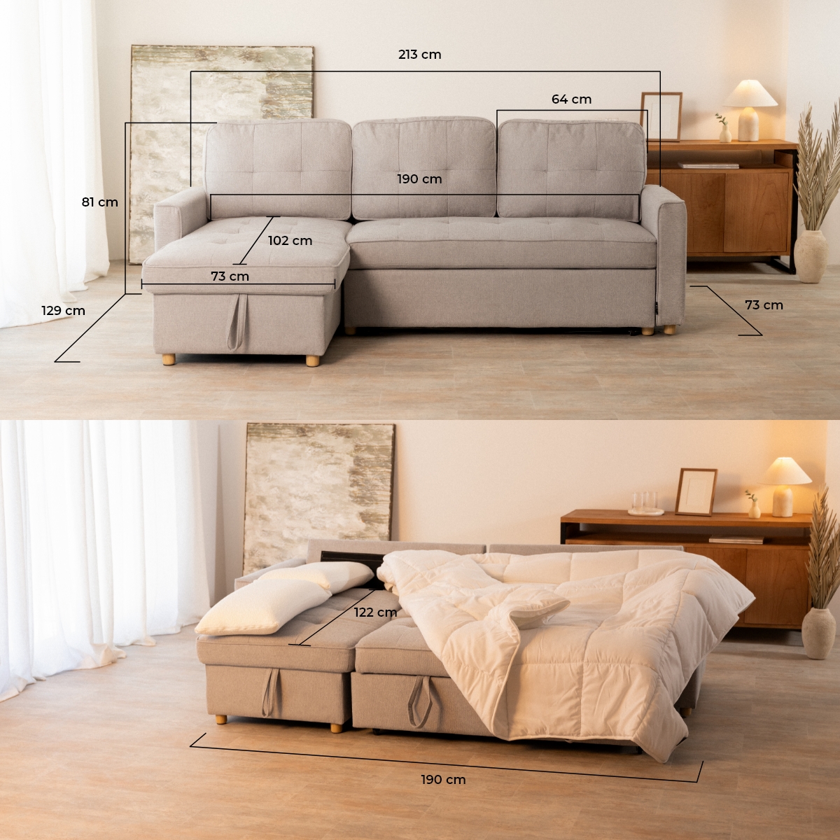 sofá cama 3 plazas chaiselongue Haven Gris claro