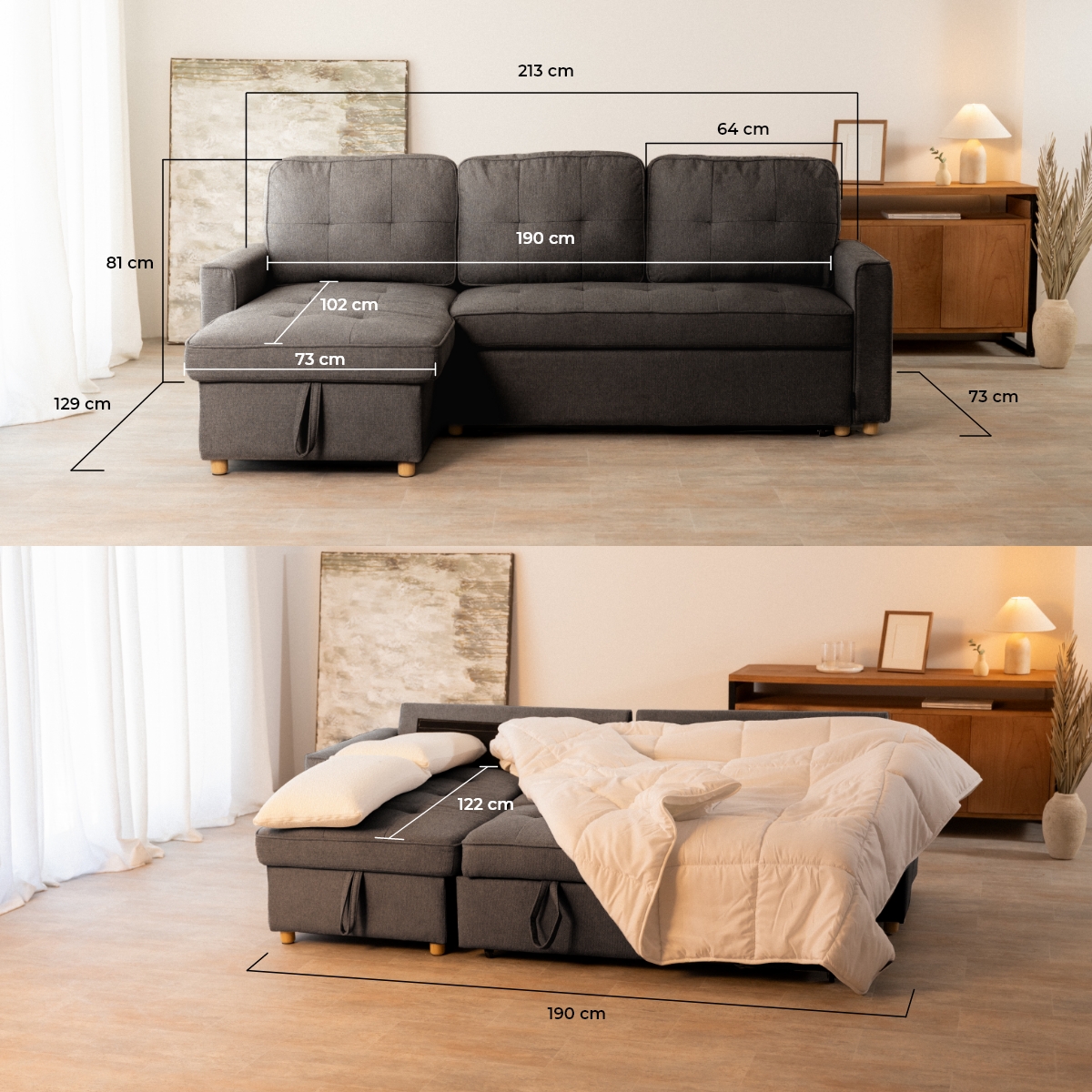 sofá cama 3 plazas chaiselongue Haven Gris oscuro