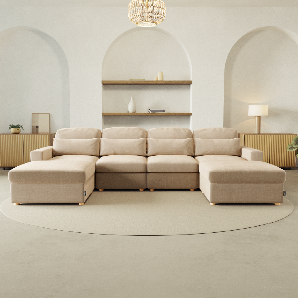 Sofá Modular Chaiselongue 4 plazas Nalui Bloom Beige Claro con 2 puff