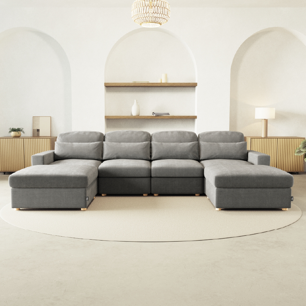 Sofá Modular Chaiselongue 4 plazas Nalui Bloom Gris Oscuro con 2 puff