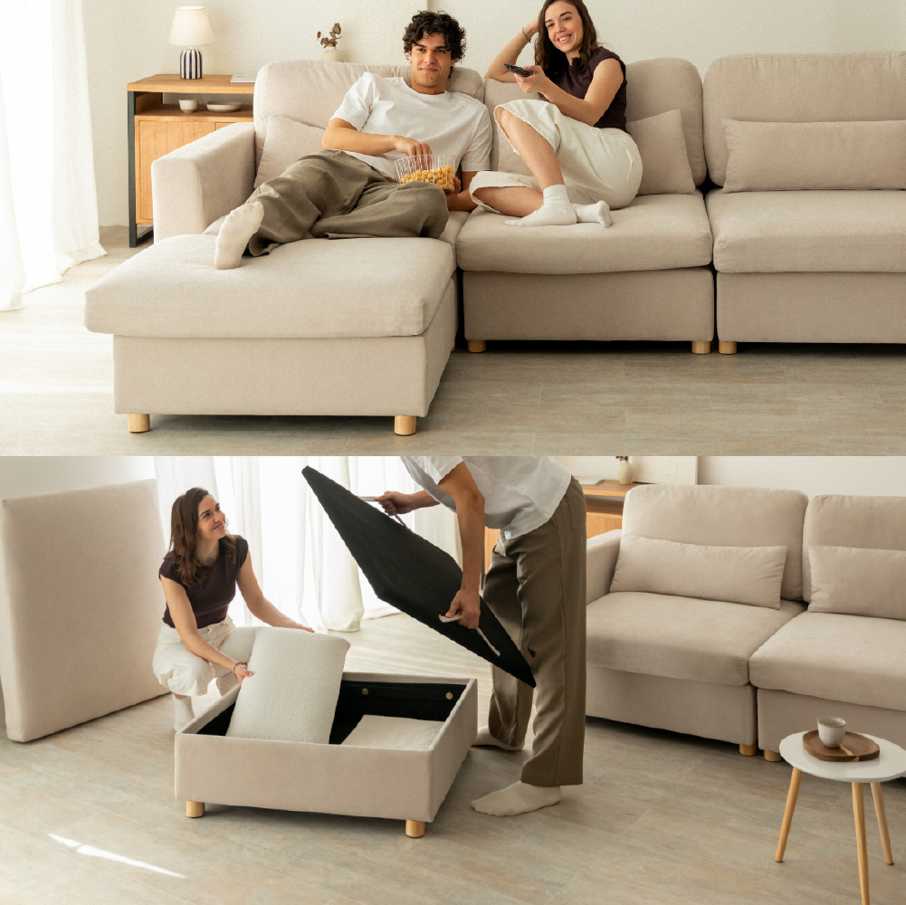 Sofá Modular Chaiselongue 3 plazas Nalui Bloom Beige Claro
