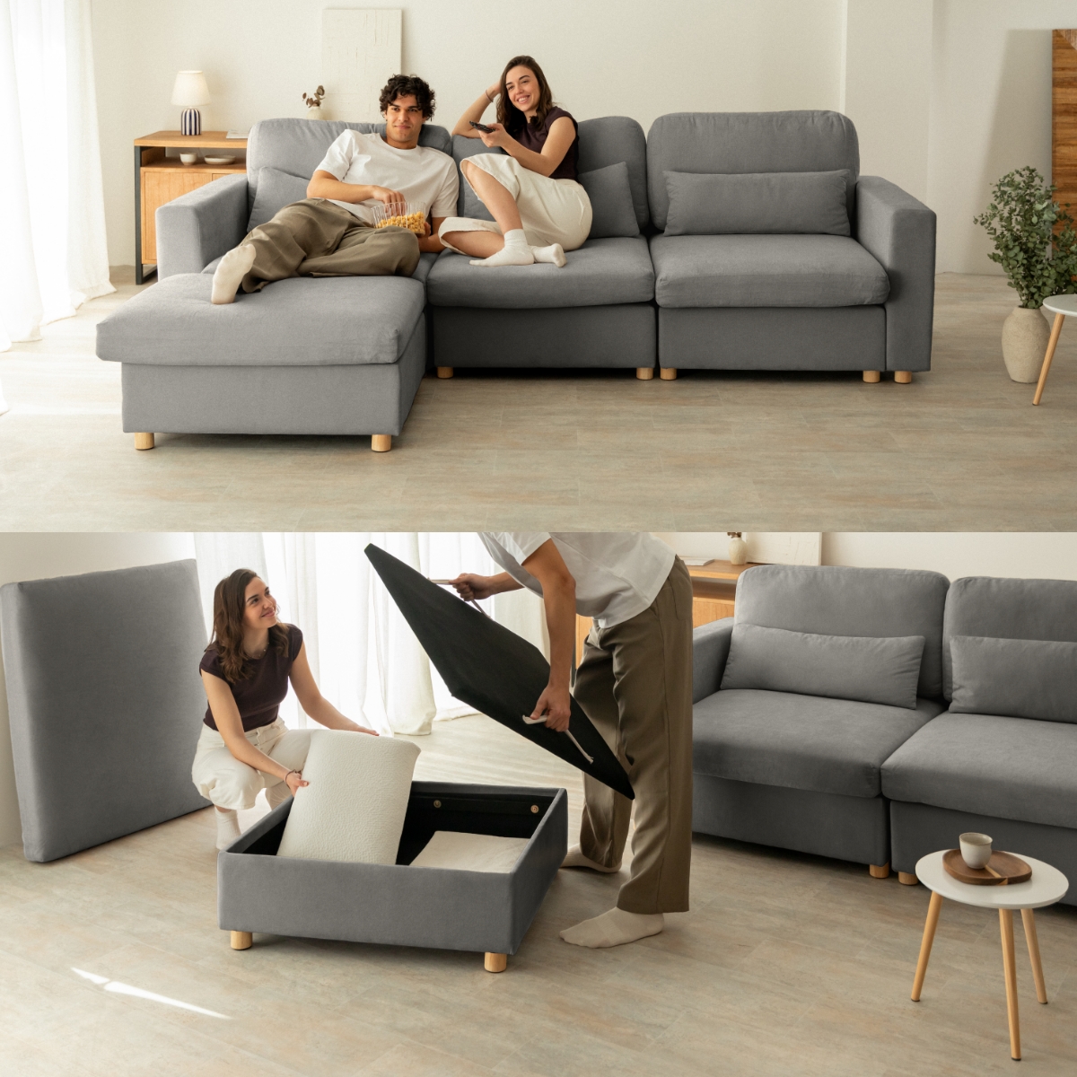 Sofá Modular Chaiselongue 2 plazas Nalui Bloom Gris Oscuro con puff